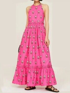 NWT $395 RHODE SALENA HOT PINK HALTER MAXI DRESS IN MARIGOLD PRINT SIZE L